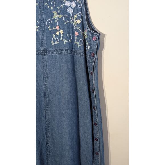 Erika & Co Womens Vtg Denim Embroidered Jumper Dress L Cottagecore Prairie Midi - Picture 4 of 7